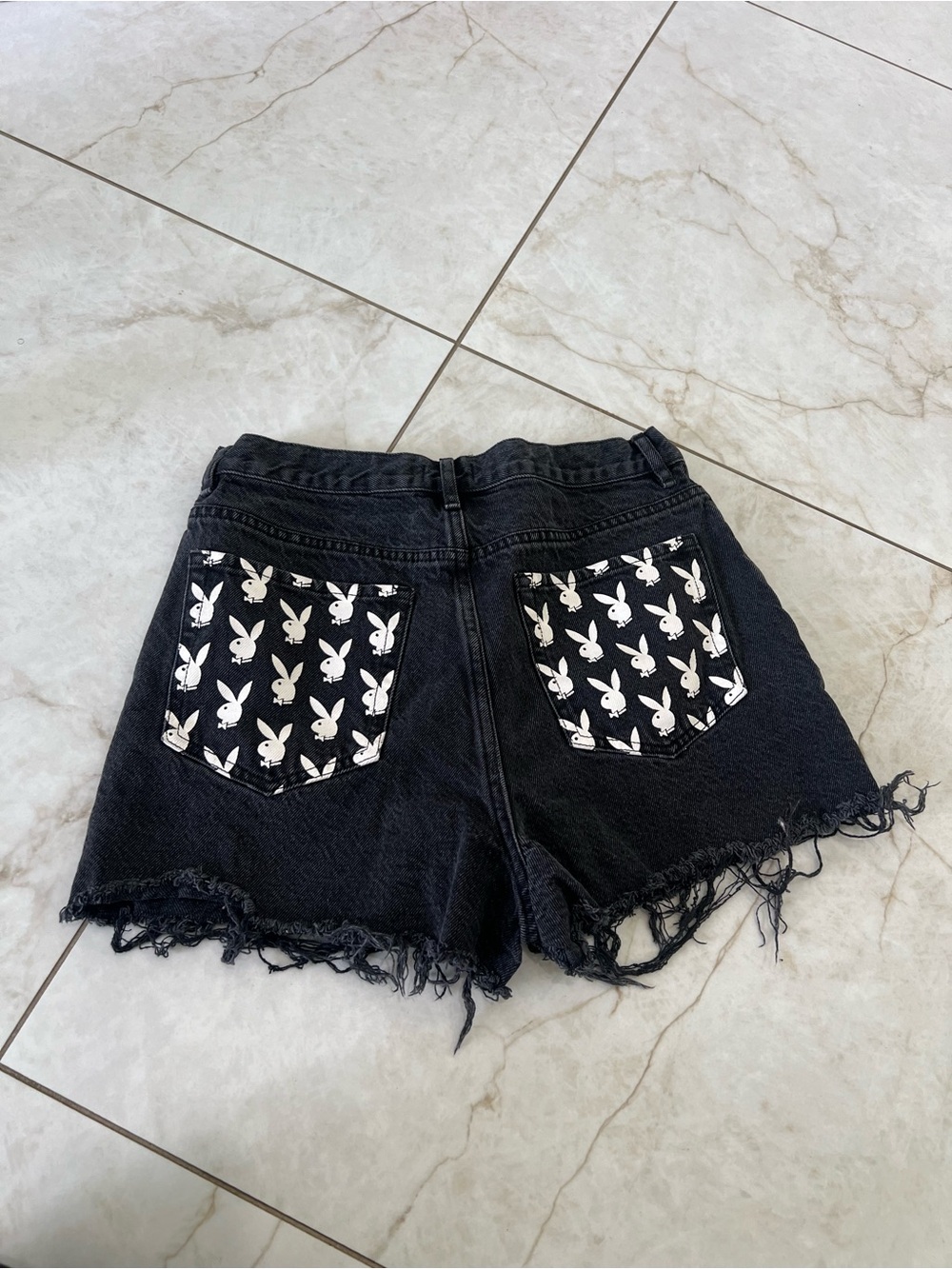 Playboy X Pacsun Black Denim Logo Frayed Hem Jean Shorts Size 28